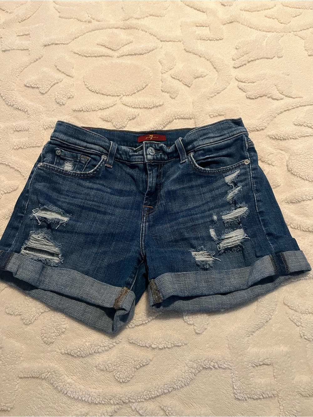 7 For All Mankind Blue Distressed Rolled Hem Jean Shorts